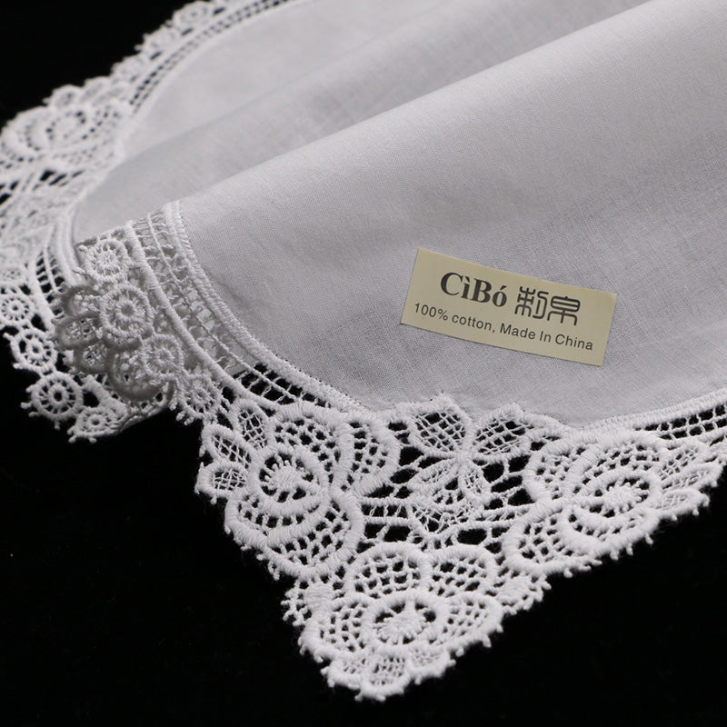 A001: White Wedding Handkerchief Pure Cotton, Soft Ladies Hanky with Crochet Lace, 10 pieces