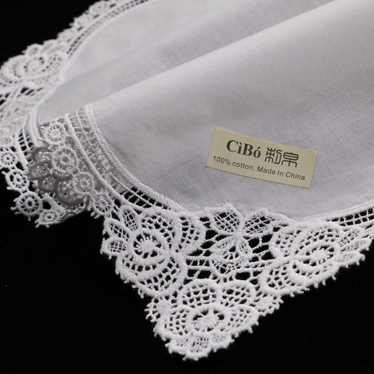 A001: White Wedding Handkerchief Pure Cotton, Soft Ladies Hanky with Crochet Lace, 10 pieces
