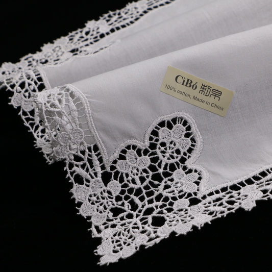 A002: White Wedding Handkerchief Pure Cotton, Soft Ladies Hanky with Crochet Lace, 10 pieces