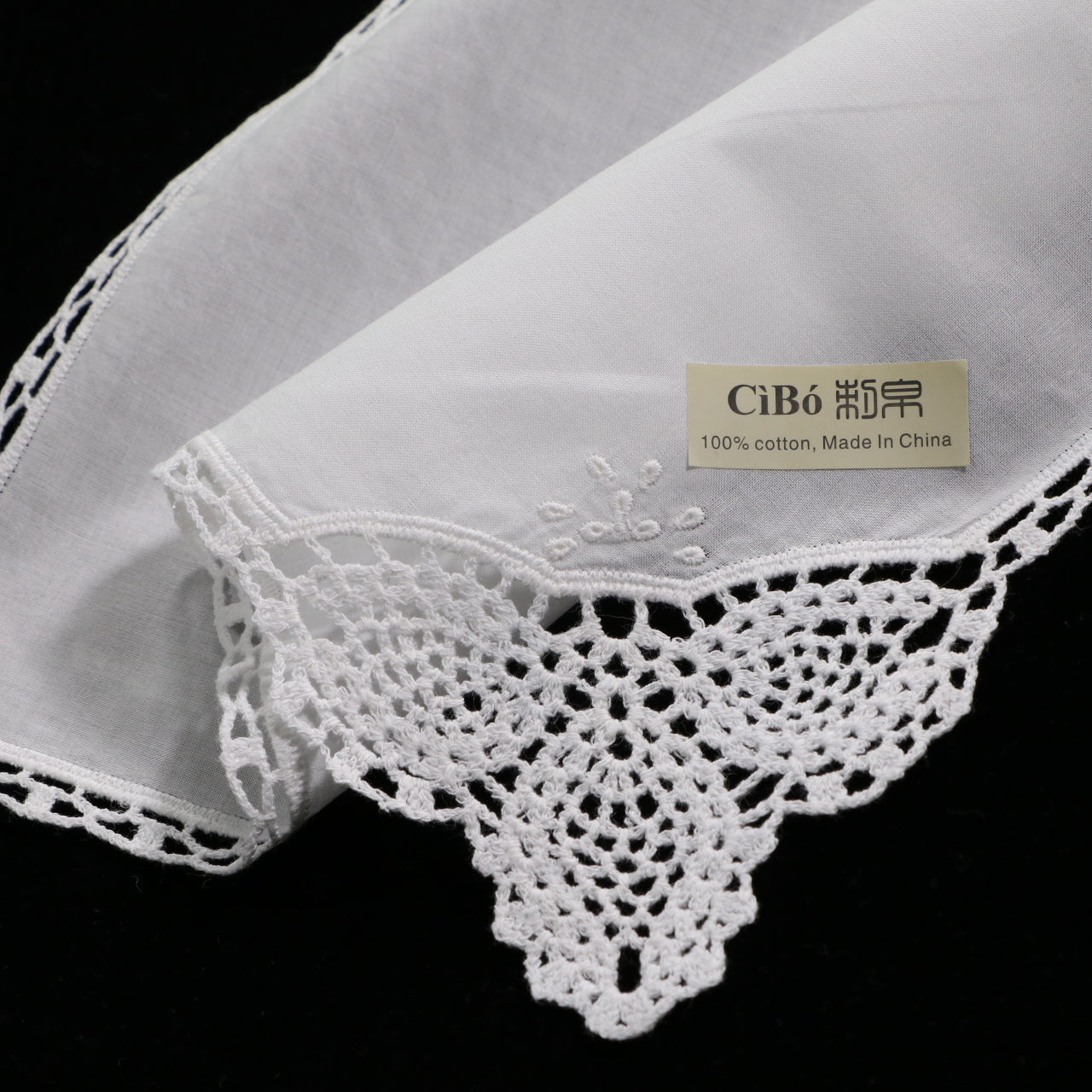 D002: White Wedding Handkerchief Pure Cotton, Soft Ladies Hanky with Crochet Lace, 10 pieces