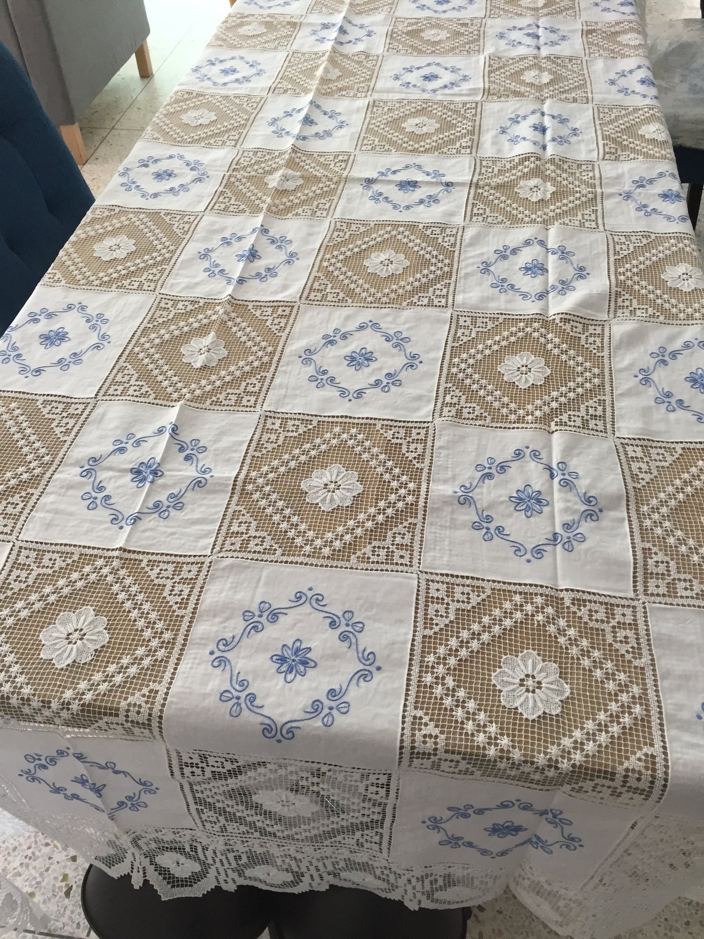 "Army and Navy" British design vintage table cloth (blue in white)