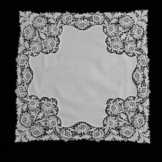 A007: White Wedding Handkerchief Pure Cotton, Soft Ladies Hanky with Crochet Lace, 10 pieces