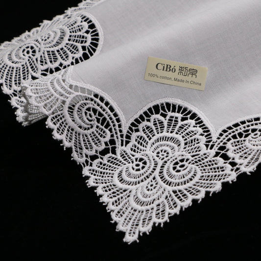 A003: White Wedding Handkerchief Pure Cotton, Soft Ladies Hanky with Crochet Lace, 10 pieces