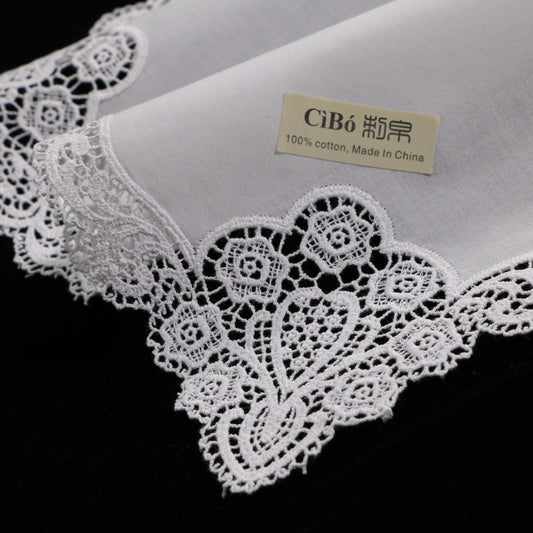 A005: White Wedding Handkerchief Pure Cotton, Soft Ladies Hanky with Crochet Lace, 10 pieces