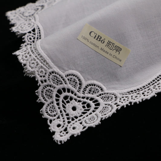 A004: White Wedding Handkerchief Pure Cotton, Soft Ladies Hanky with Crochet Lace, 10 pieces