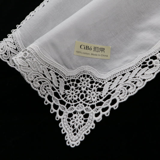 A009: White Wedding Handkerchief Pure Cotton, Soft Ladies Hanky with Crochet Lace, 10 pieces