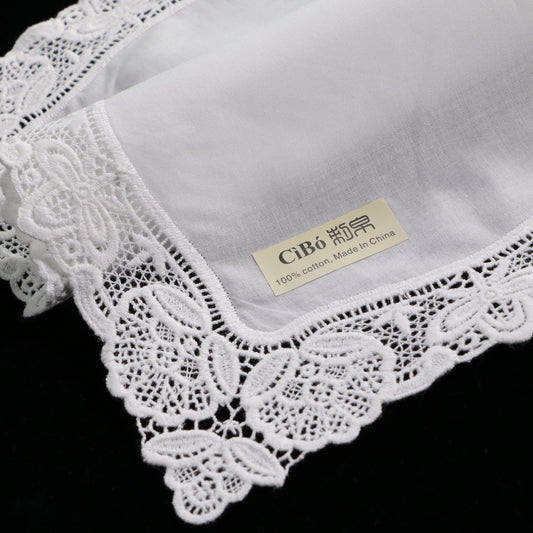 A008: White Wedding Handkerchief Pure Cotton, Soft Ladies Hanky with Crochet Lace, 10 pieces