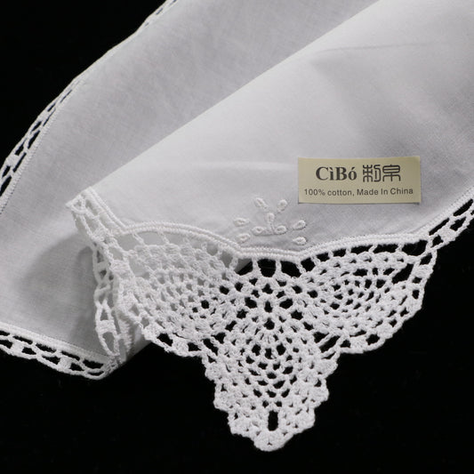 D002: White Wedding Handkerchief Pure Cotton, Soft Ladies Hanky with Crochet Lace, 10 pieces