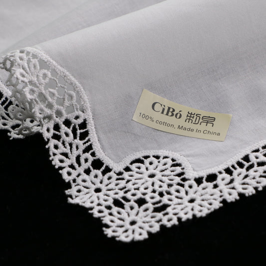 A006: White Wedding Handkerchief Pure Cotton, Soft Ladies Hanky with Crochet Lace, 10 pieces