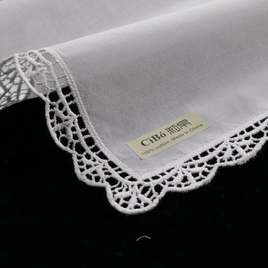 D003: White Wedding Handkerchief Pure Cotton, Soft Ladies Hanky with Crochet Lace, 10 pieces