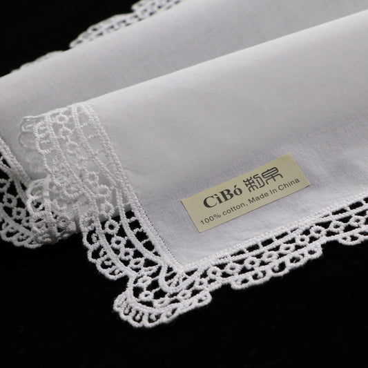 D004: White Wedding Handkerchief Pure Cotton, Soft Ladies Hanky with Crochet Lace, 10 pieces