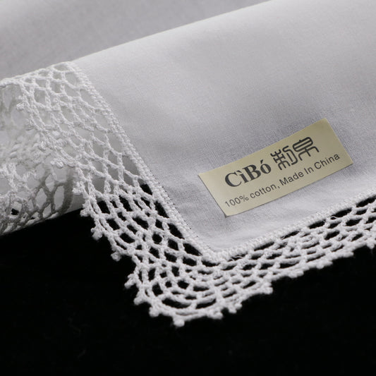 D001: White Wedding Handkerchief Pure Cotton, Soft Ladies Hanky with Crochet Lace, 10 pieces